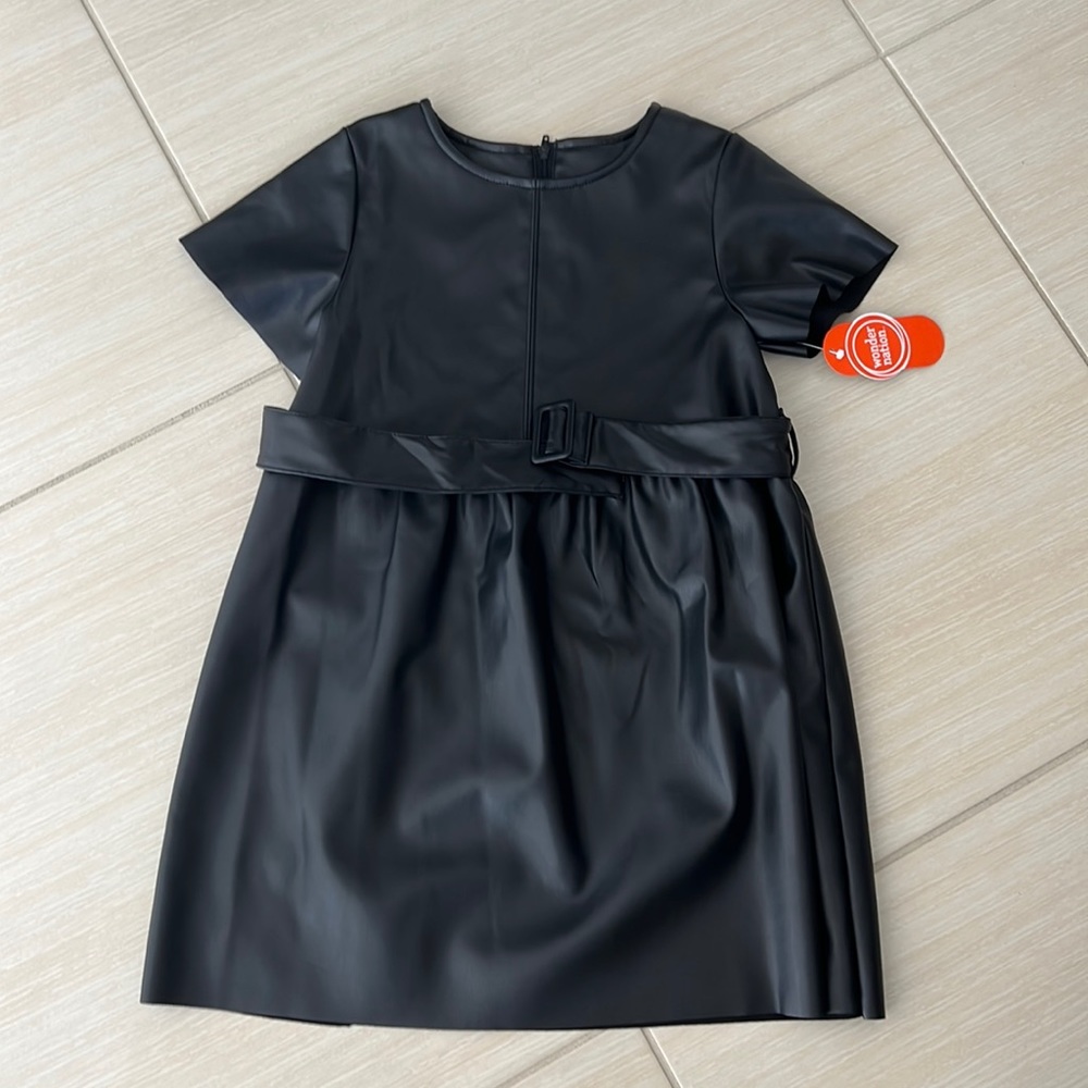 Little Girl Black faux belted leather dress